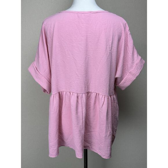 Entro Top Women L Pink Cuffed Short Sleeve Babydoll Flowy V Neck Blouse - Picture 5 of 10